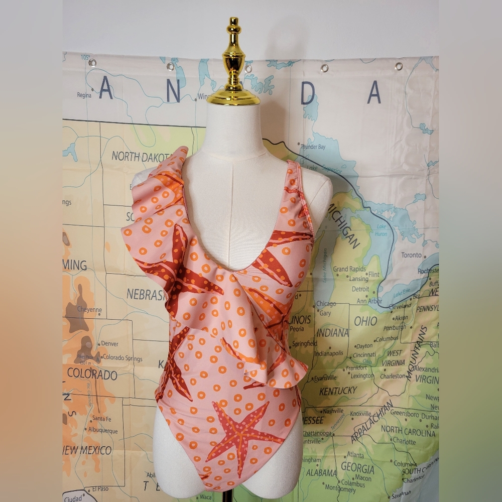 NWT Farm Rio Pink Starfish Ruffle Women's One Piece Swimsuit Size  S